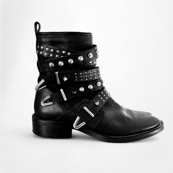 Mango Black Studded Ankle Round Toe Leather Combat Boots Size 6 - Picture 1 of 5